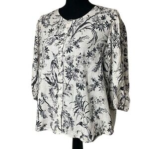 H&M Off White and Black Floral Button Front Balloon Sleeve Top N0537